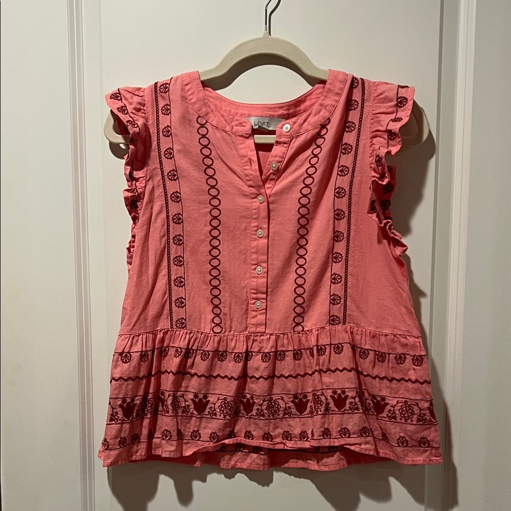 LOFT Coral Sleeveless Blouse with Black Embroidery